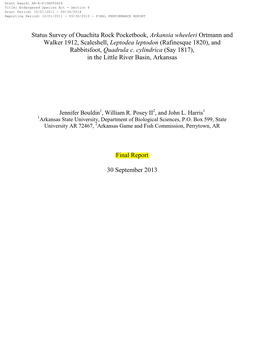 Status Survey of Ouachita Rock Pocketbook, Arkansia Wheeleri Ortmann and Walker 1912, Scaleshell, Leptodea Leptodon (Rafinesque 1820), and Rabbitsfoot, Quadrula C