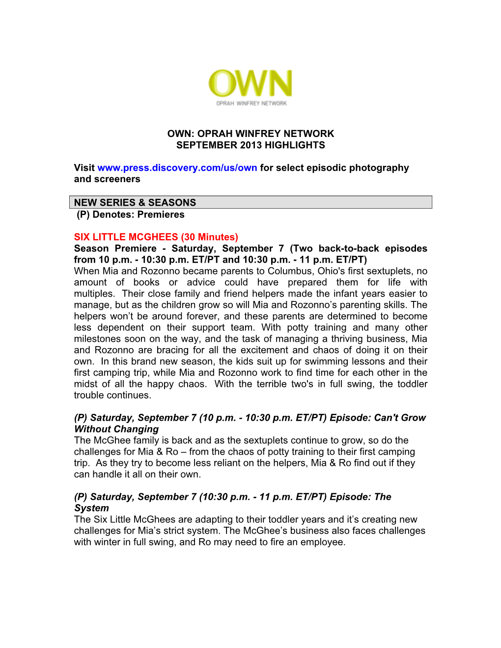 Own: Oprah Winfrey Network September 2013 Highlights