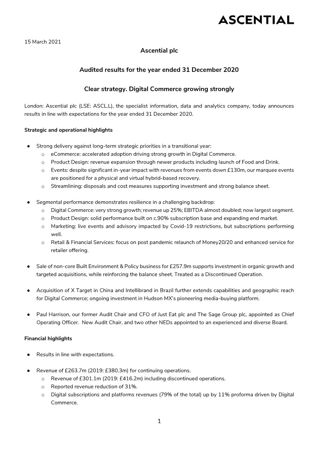 Ascential Plc Audited Results for the Year Ended 31 December 2020