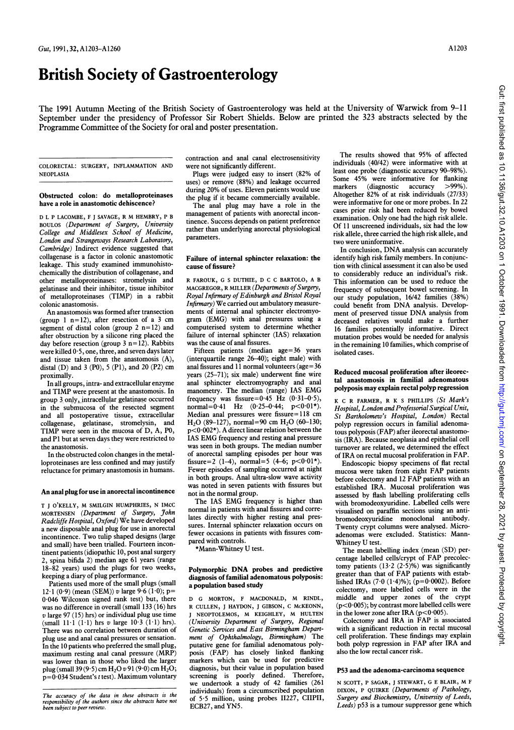 British Society of Gastroenterology Gut: First Published As 10.1136/Gut.32.10.A1203 on 1 October 1991