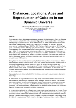 Distances, Locations, Ages and Reproduction of Galaxies in Our Dynamic Universe