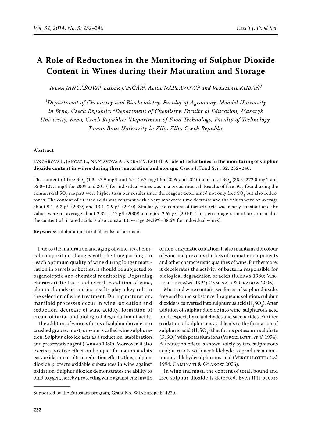 A Role of Reductones in the Monitoring of Sulphur Dioxide Content in Wines During Their Maturation and Storage