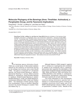 Molecular Phylogeny of the Barwings (Aves: Timaliidae: Actinodura), a Paraphyletic Group, and Its Taxonomic Implications