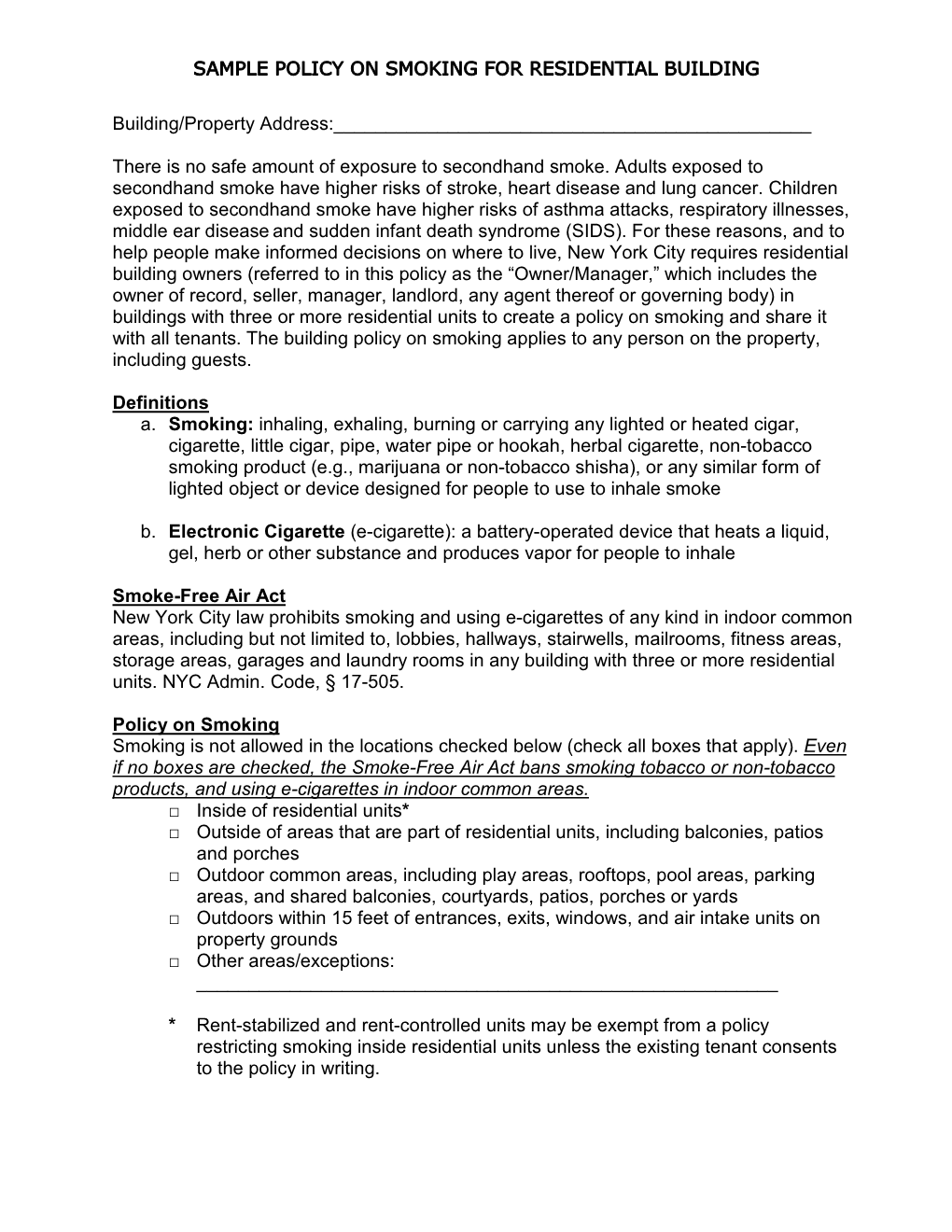 Sample Policy on Smoking for Residential Building