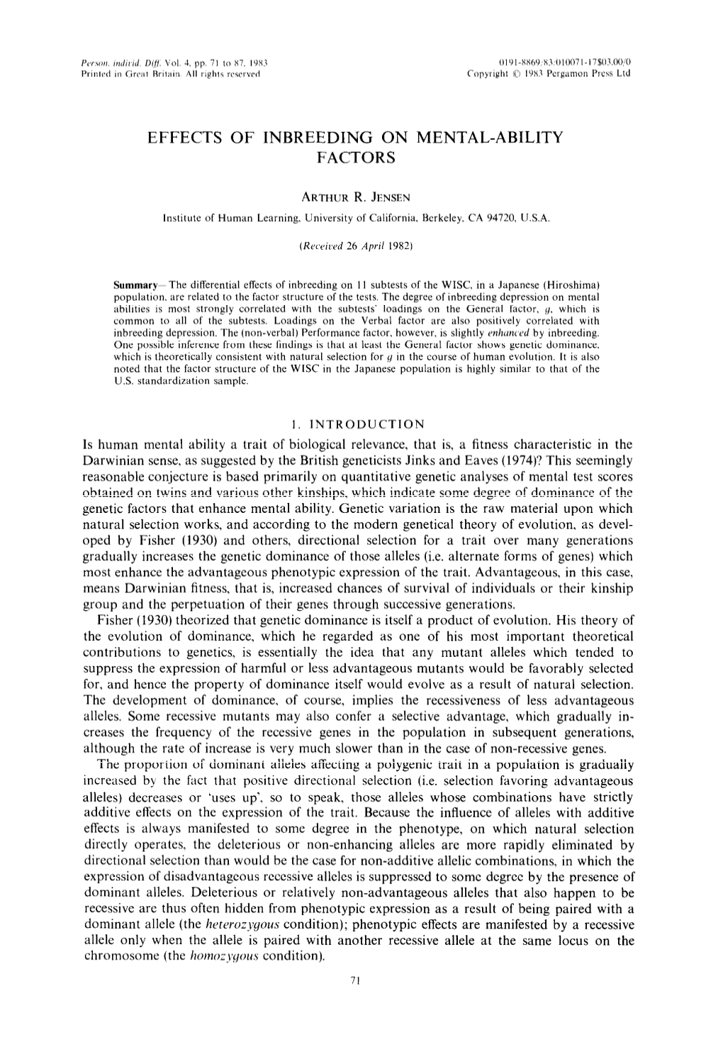 Effects of Inbreeding on Mental-Ability Factors