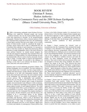 BOOK REVIEW Christian P. Sorace, Shaken Authority: China's Communist Party and the 2008 Sichuan Earthquake (Ithaca: Cornell University Press, 2017)