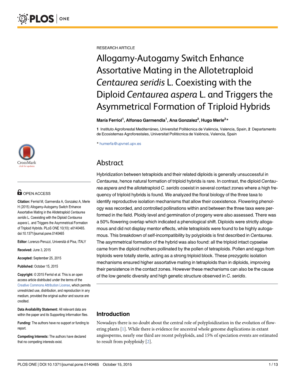 Allogamy-Autogamy Switch Enhance Assortative Mating in the Allotetraploid Centaurea Seridis L. Coexisting with the Diploid Centaurea Aspera L