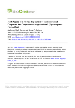 First Record of a Florida Population of the Neotropical Carpenter Ant Camponotus Novogranadensis (Hymenoptera: Formicidae) Author(S): Mark Deyrup and Robert A