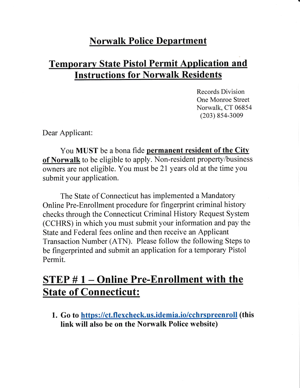 Pistol Permit Application and Instructions for Norwalk Residents