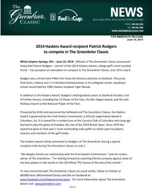 2014 Haskins Award Recipient Patrick Rodgers to Compete in the Greenbrier Classic