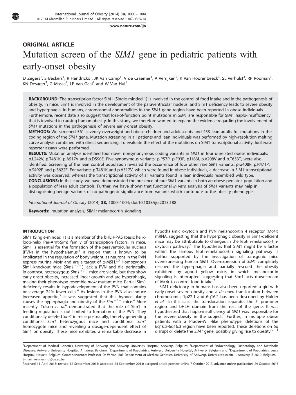 Mutation Screen of the SIM1 Gene in Pediatric Patients with Early-Onset Obesity