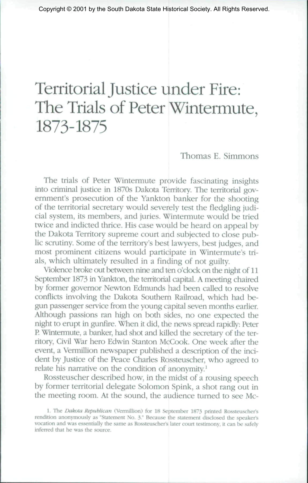 Territorial Justice Under Fire: the Trials of Peter Wintermute, 1873-1875