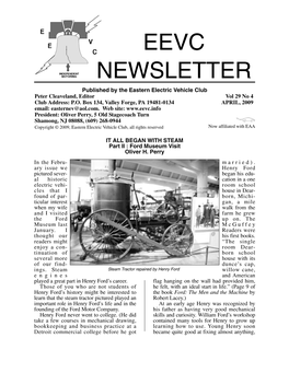 EEVC NEWSLETTER Published by the Eastern Electric Vehicle Club Peter Cleaveland, Editor Vol 29 No 4 Club Address: P.O