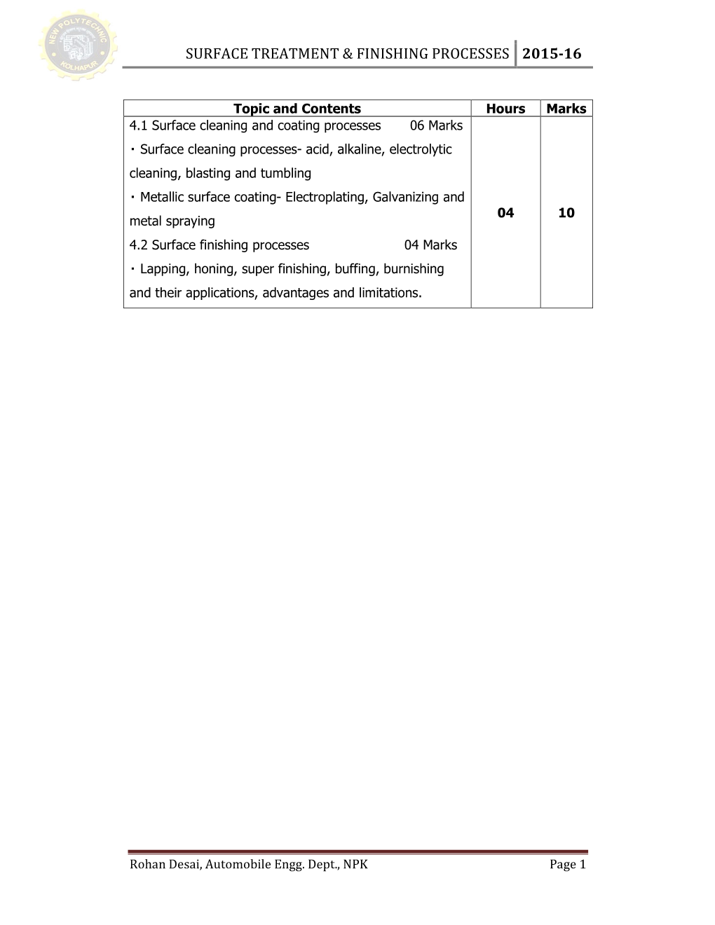 Surface Treatment & Finishing Processes 2015-16