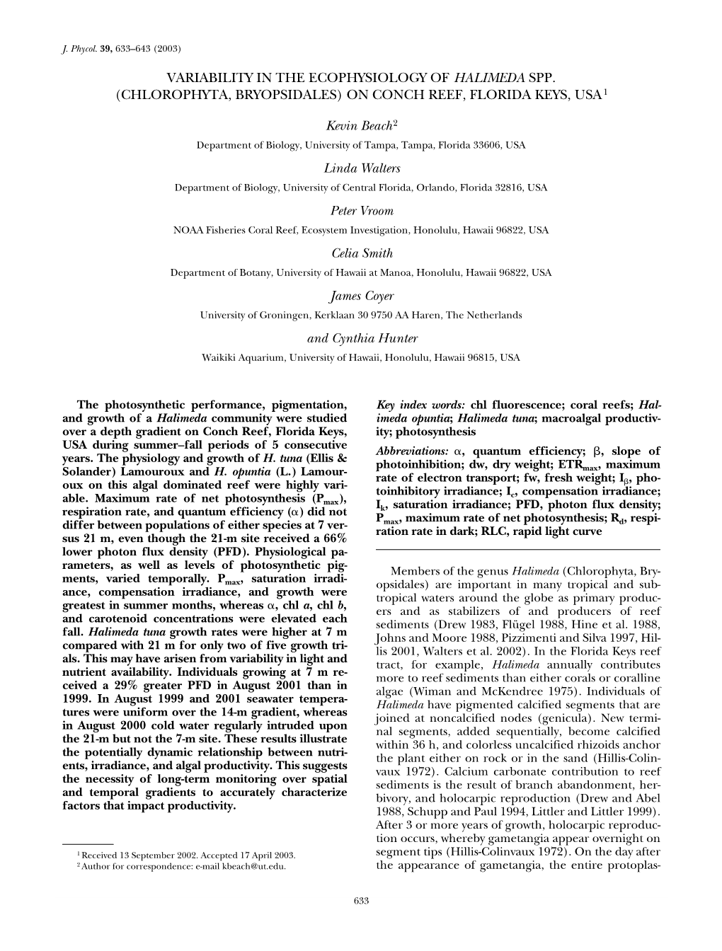 Variability in the Ecophysiology of Halimeda Spp