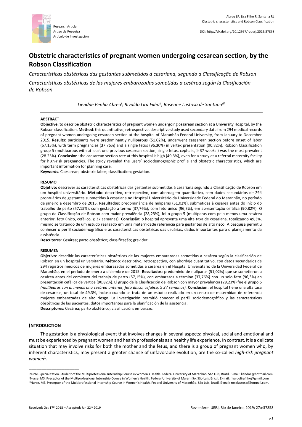 Obstetric Characteristics of Pregnant Women Undergoing Cesarean