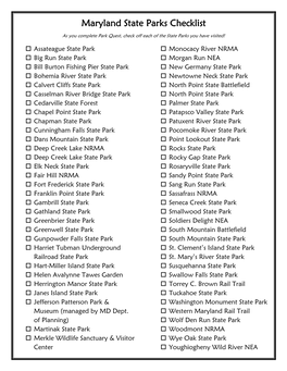 Maryland State Parks Checklist