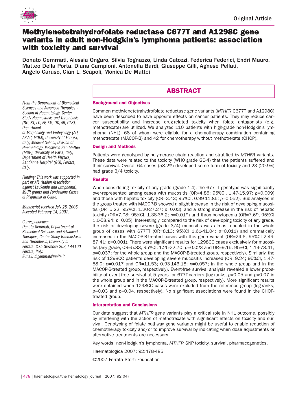 Methylenetetrahydrofolate Reductase C677T And