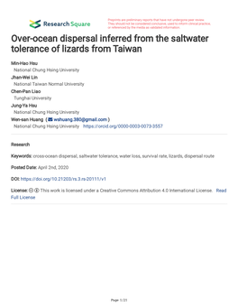 Over-Ocean Dispersal Inferred from the Saltwater Tolerance of Lizards from Taiwan