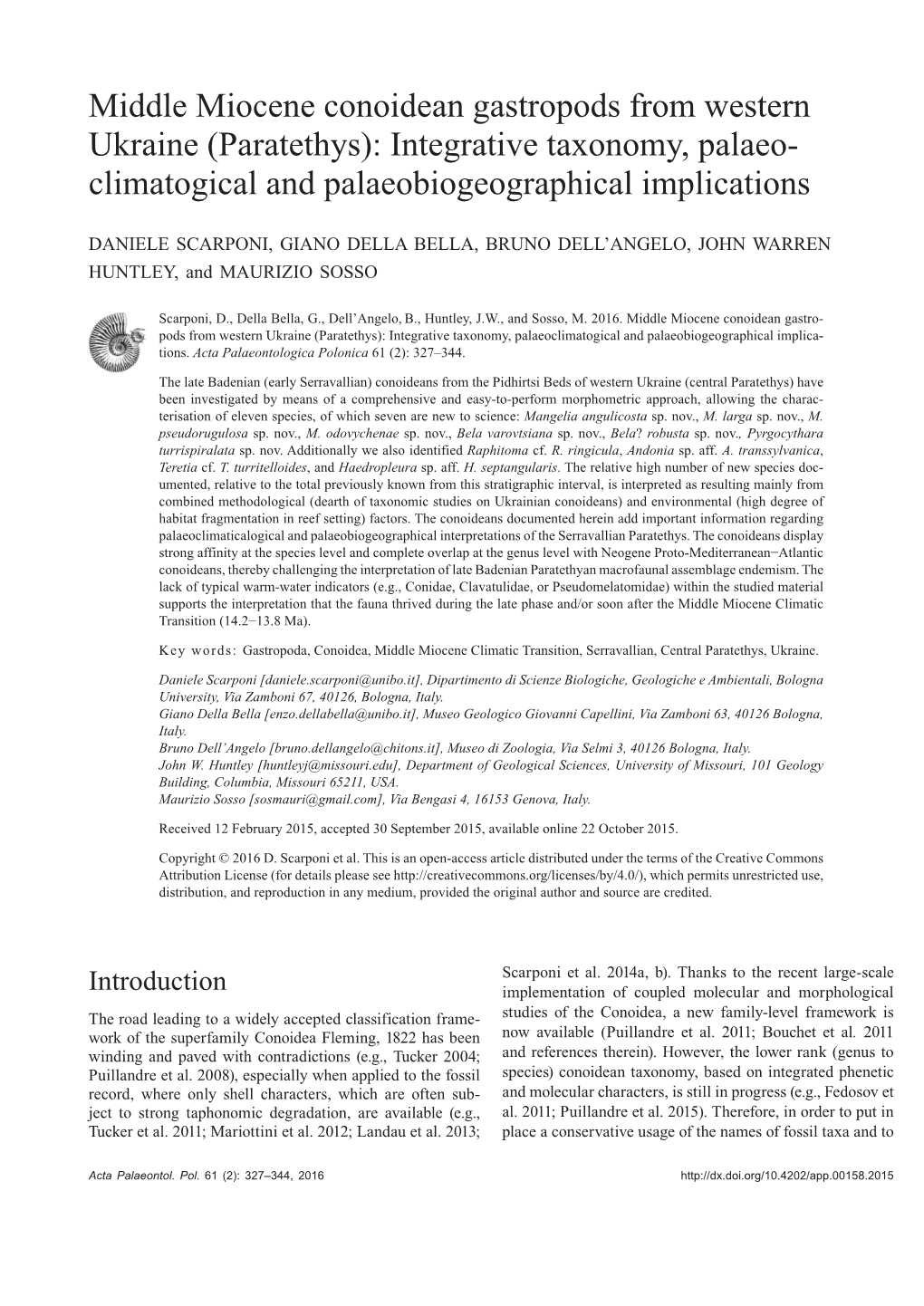 Middle Miocene Conoidean Gastropods from Western Ukraine (Paratethys): Integrative Taxonomy, Palaeo- Climatogical and Palaeobiogeographical Implications