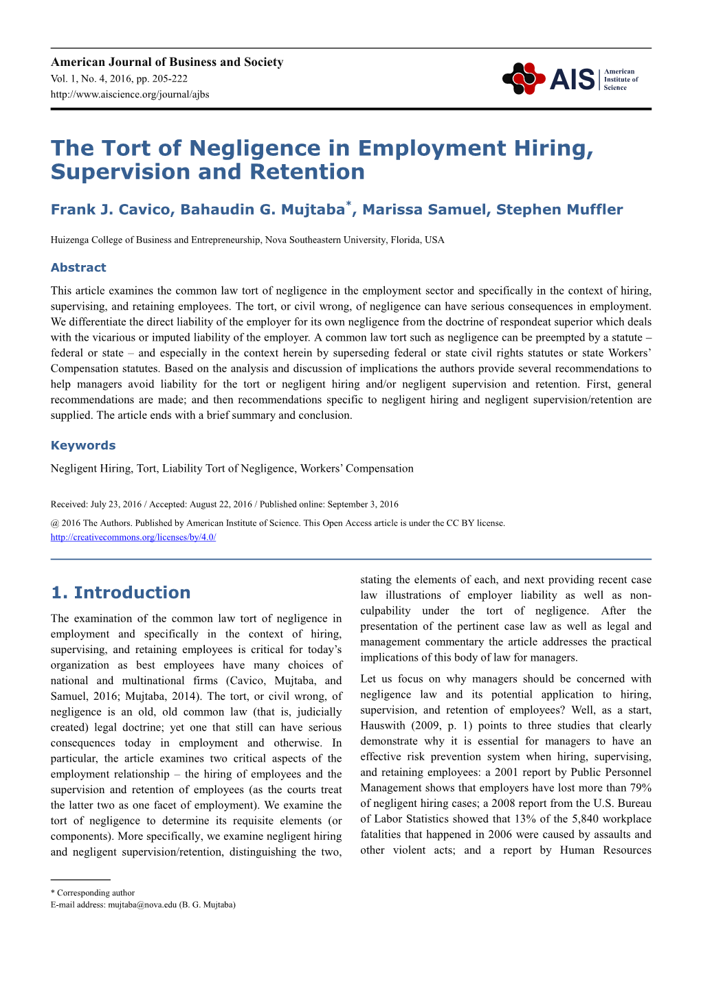 The Tort of Negligence in Employment Hiring, Supervision and Retention