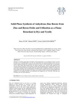 Solid Phase Synthesis of Anhydrous Zinc Borate from Zinc and Boron Oxide and Utilization As a Flame Retardant in Dye and Textile