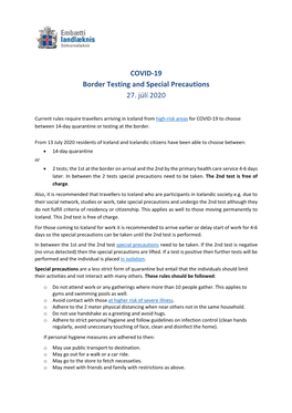COVID-19 Border Testing and Special Precautions 27. Júlí 2020