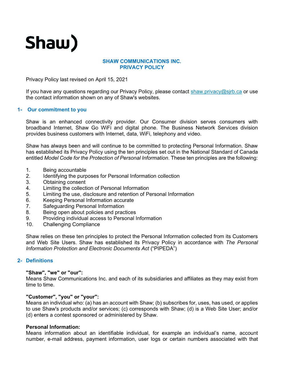 Shaw Communications Inc. Privacy Policy