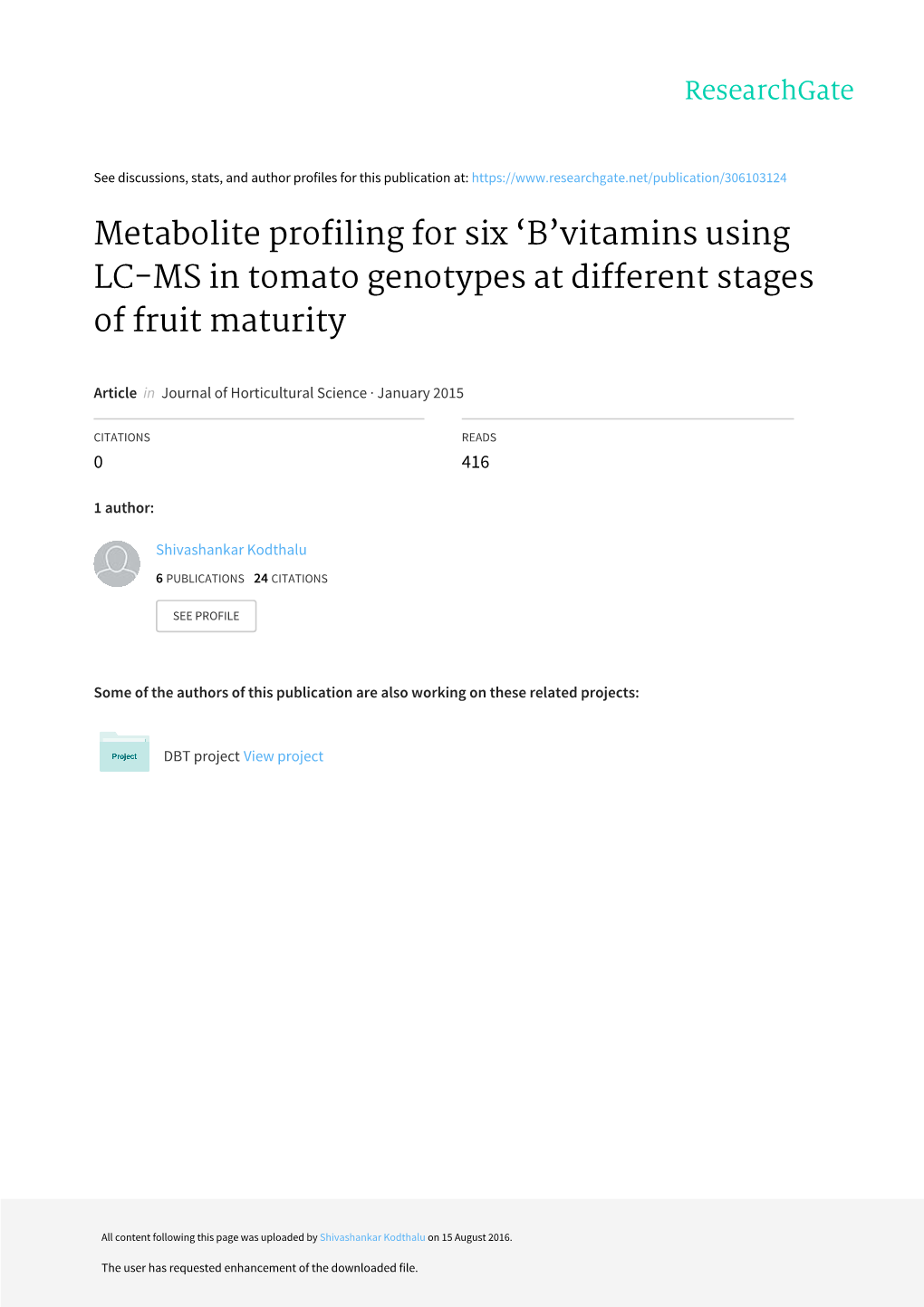 Metabolite Profiling For Six 'B'vitamins Using LC-MS In Tomato ...