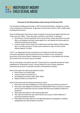 Ealing Abbey Public Hearing 4-8 February 2019