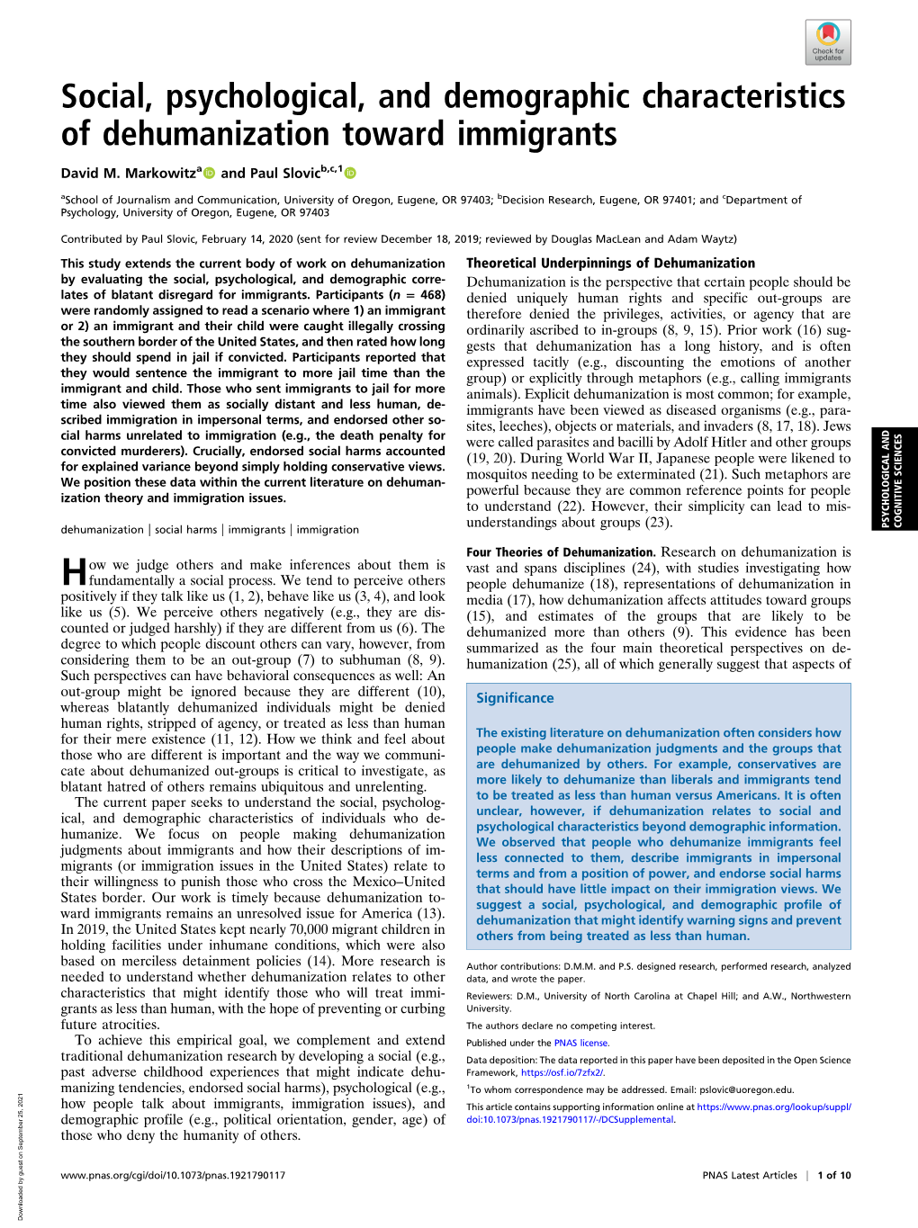 Social, Psychological, and Demographic Characteristics of Dehumanization Toward Immigrants