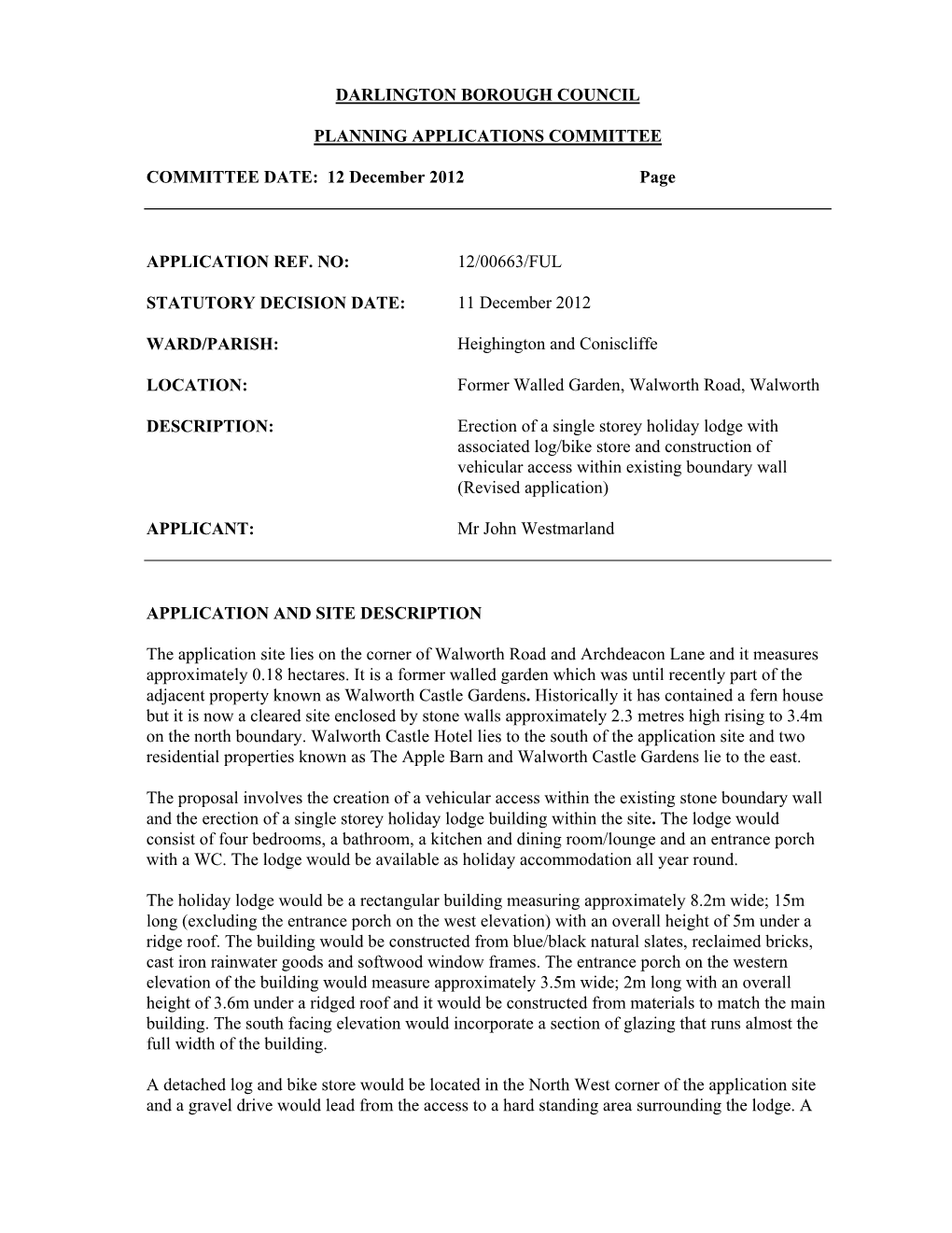 12 December 2012 Page APPLICATION REF. NO: 12/00663