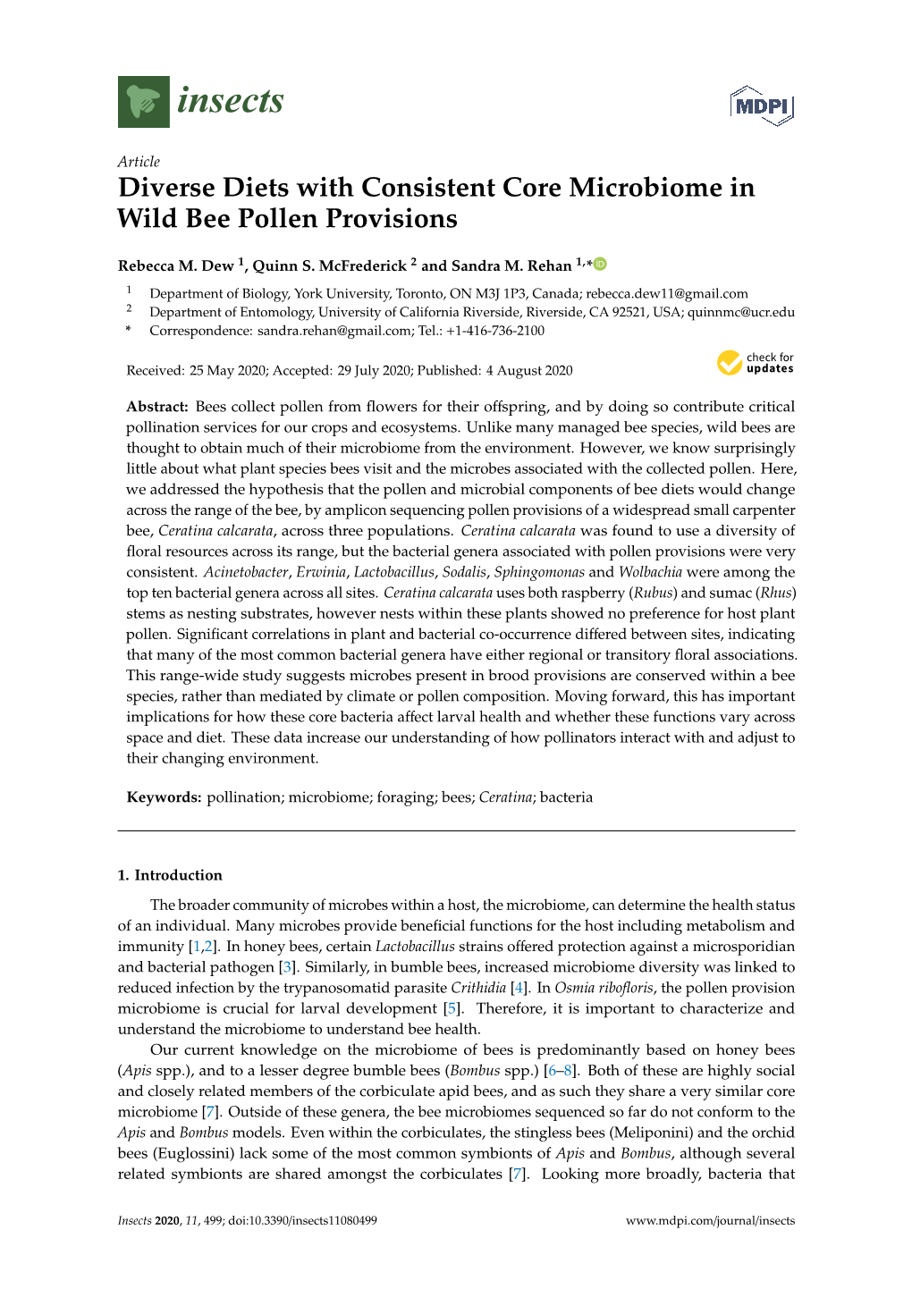 Diverse Diets with Consistent Core Microbiome in Wild Bee Pollen Provisions