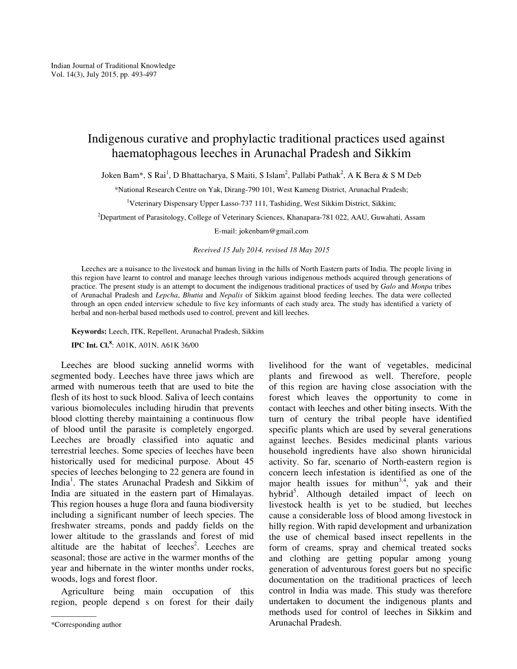 Indigenous Curative and Prophylactic Traditional Practices Used Against Haematophagous Leeches in Arunachal Pradesh and Sikkim