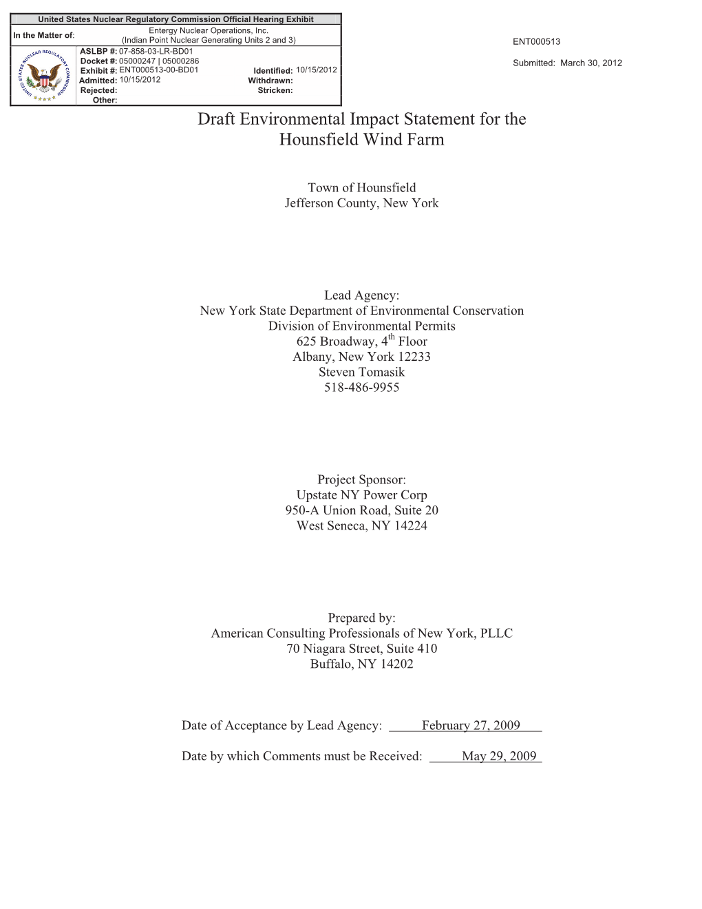 Draft Environmental Impact Statement for the Hounsfield Wind Farm