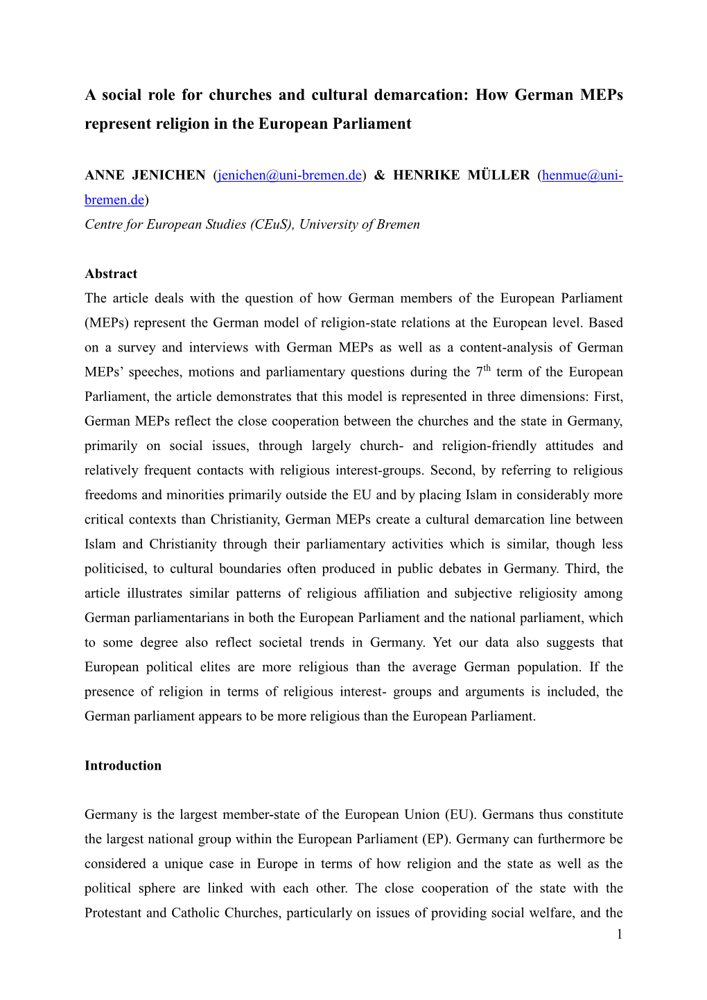 A Social Role for Churches and Cultural Demarcation: How German Meps Represent Religion in the European Parliament