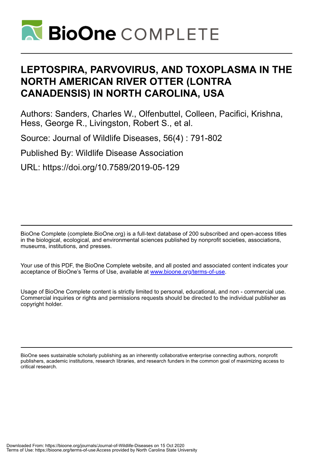 Leptospira, Parvovirus, and Toxoplasma in the North American River Otter (Lontra Canadensis) in North Carolina, Usa