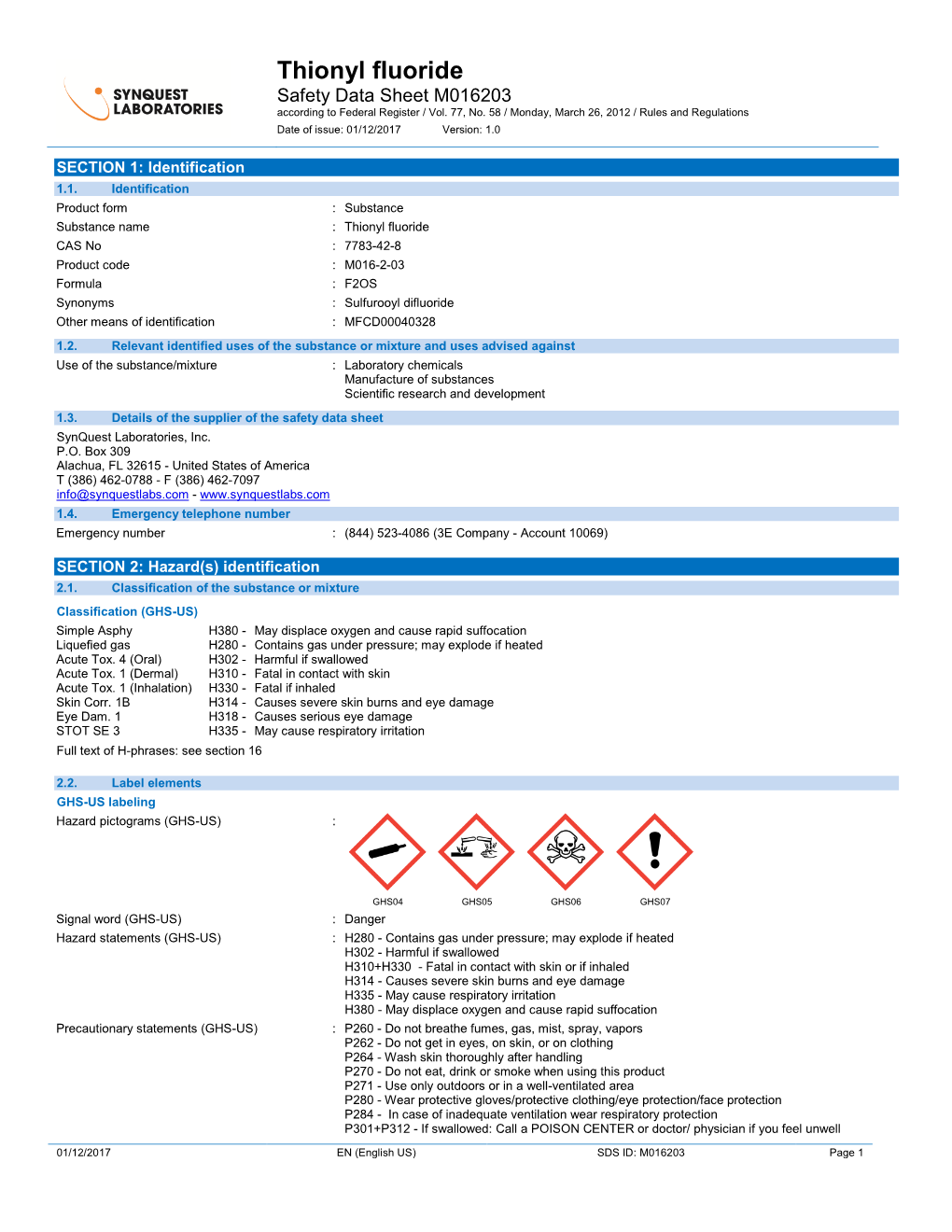 Thionyl Fluoride Safety Data Sheet M016203 According to Federal Register / Vol