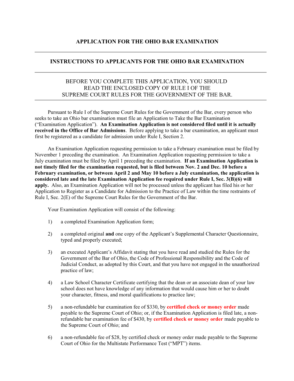 Application for the Ohio Bar Examination