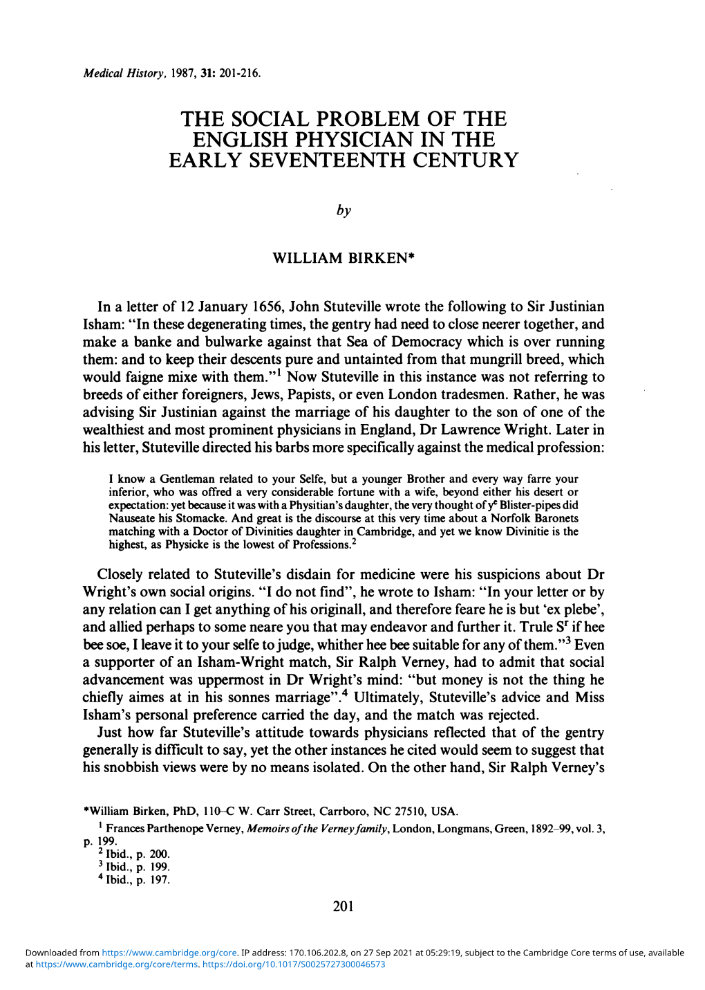 The Social Problem of the English Physician in the Early Seventeenth Century