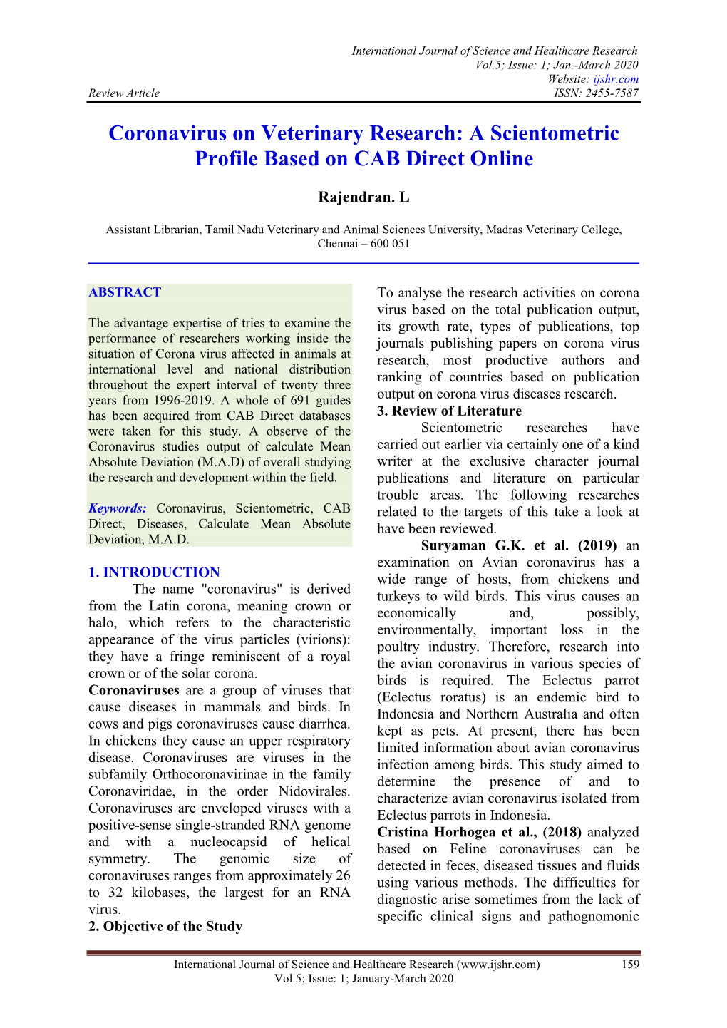 Coronavirus on Veterinary Research: a Scientometric Profile Based on CAB Direct Online