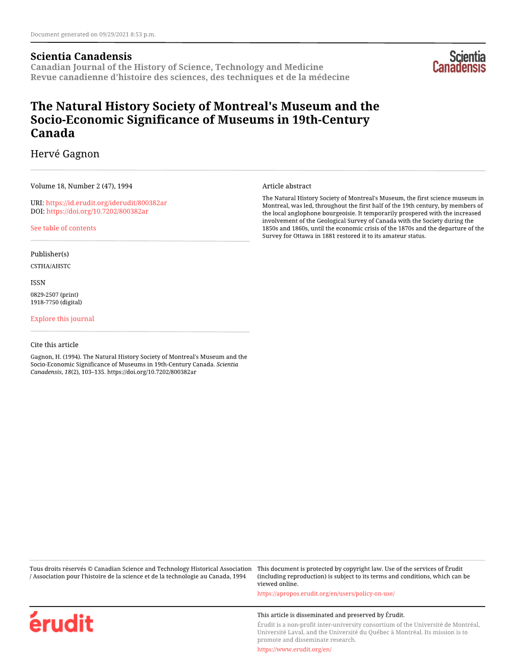 The Natural History Society of Montreal's Museum and the Socio-Economic Significance of Museums in 19Th-Century Canada Hervé Gagnon