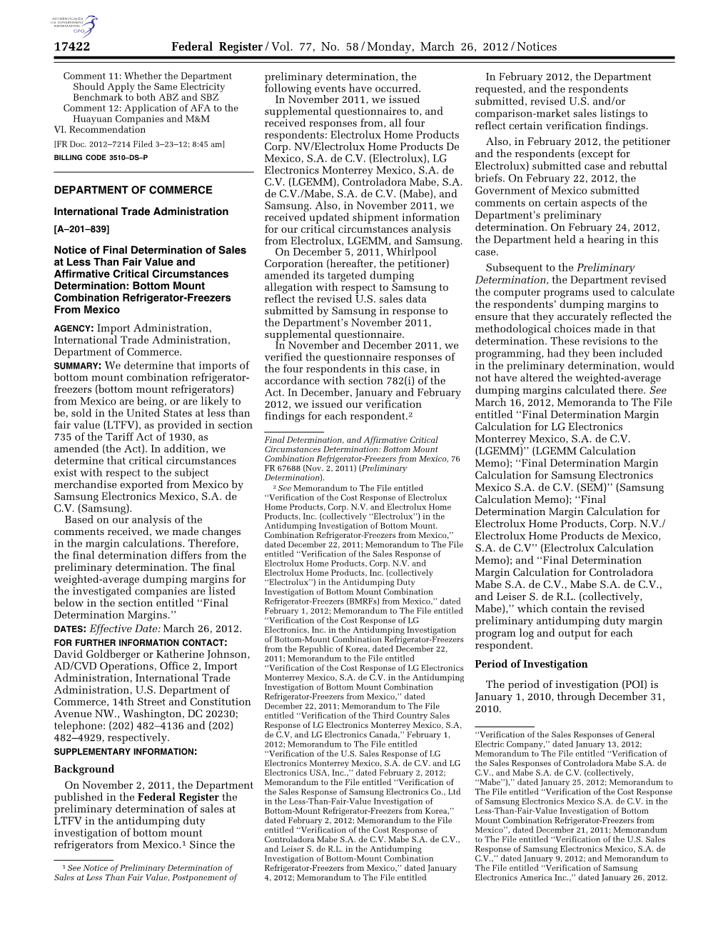 Federal Register/Vol. 77, No. 58/Monday, March 26, 2012/Notices