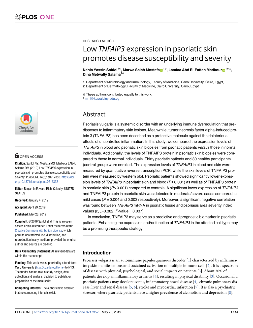 Low TNFAIP3 Expression in Psoriatic Skin Promotes Disease Susceptibility and Severity