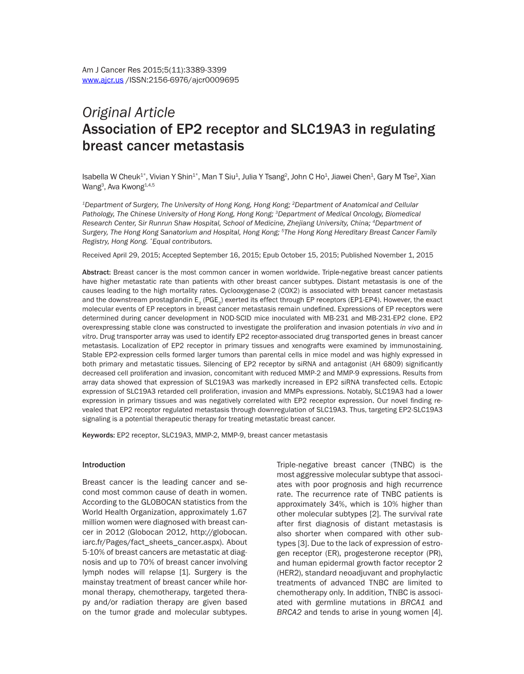 Original Article Association of EP2 Receptor and SLC19A3 in Regulating Breast Cancer Metastasis