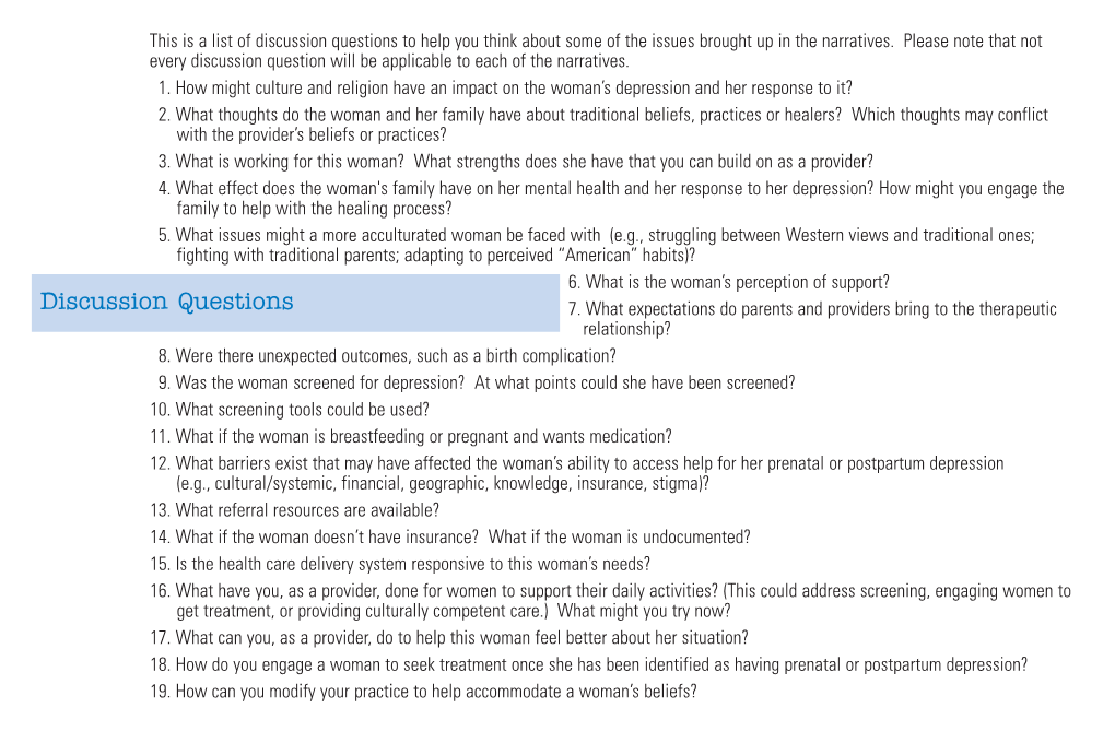 Discussion Questions to Help You Think About Some of the Issues Brought up in the Narratives