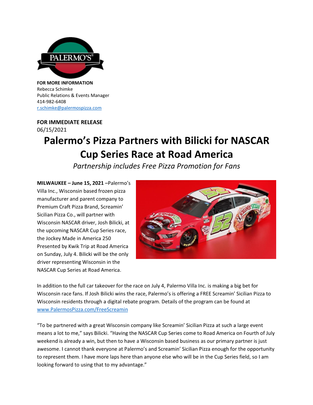 Palermo's Pizza Partners with Bilicki for NASCAR Cup Series Race At