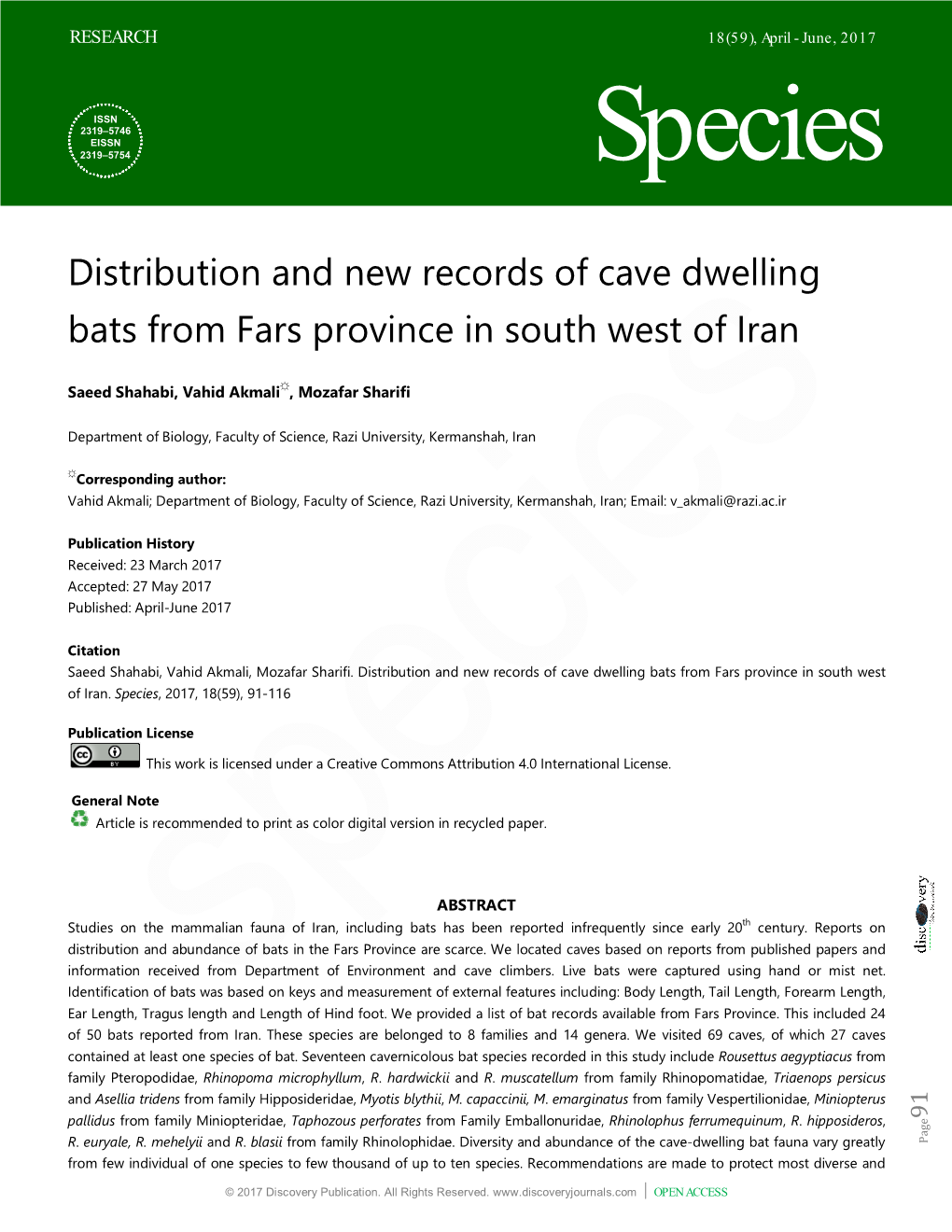 Distribution and New Records of Cave Dwelling Bats from Fars Province in South West of Iran