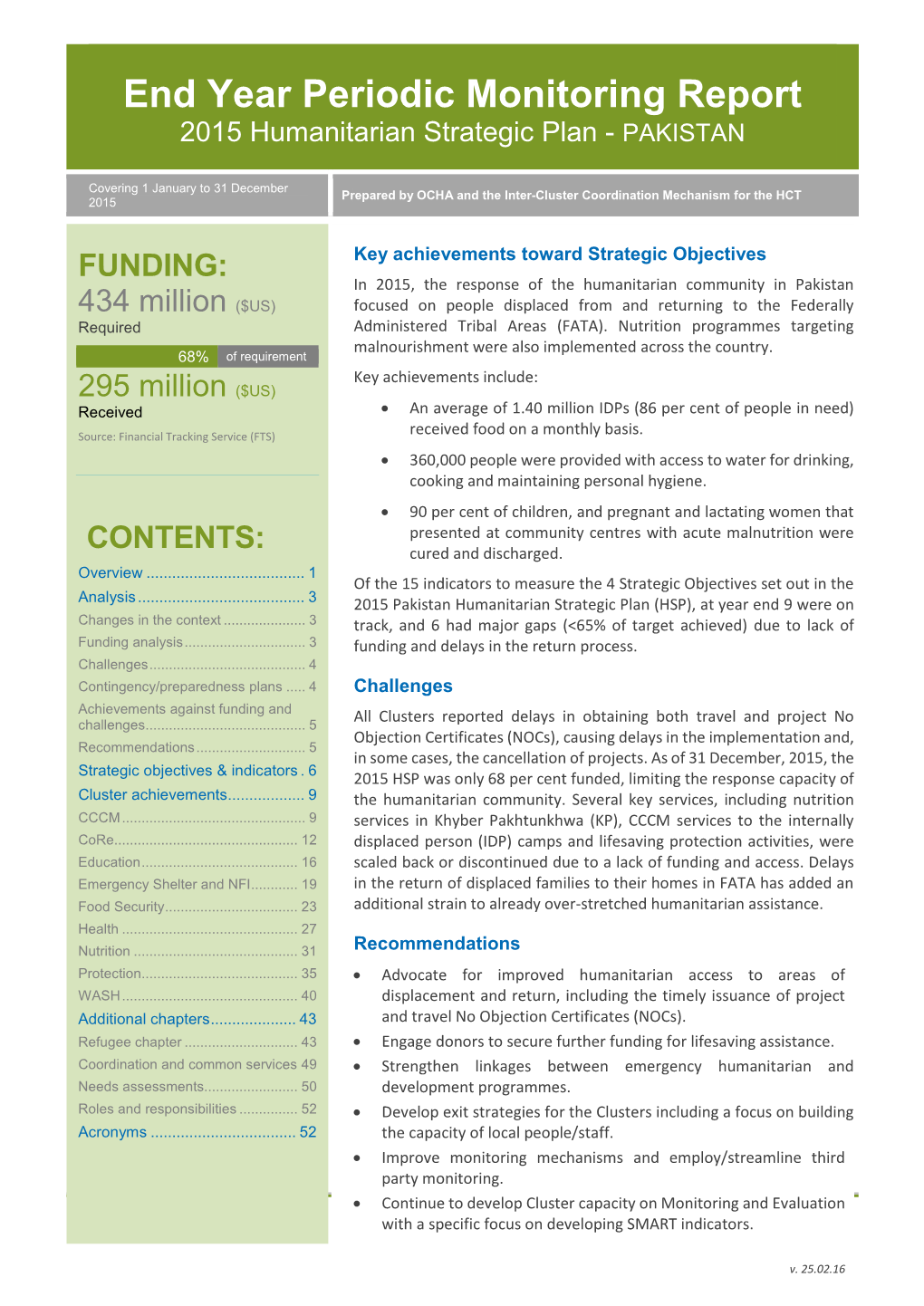End Year Periodic Monitoring Report 2015 Humanitarian Strategic Plan - PAKISTAN