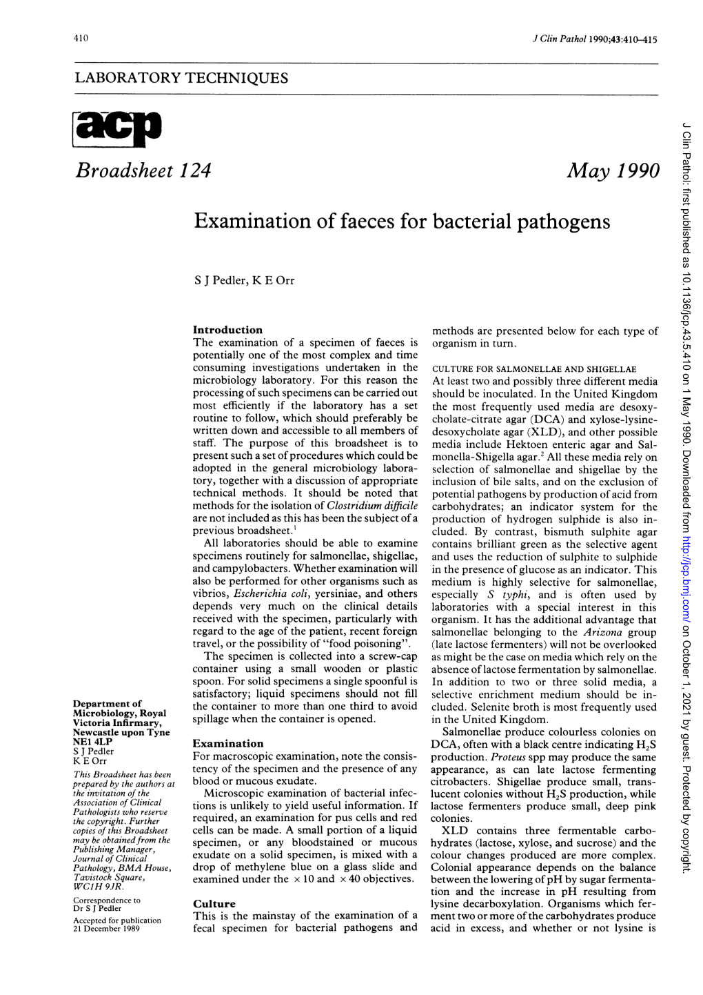 Broadsheet 124 Examination of Faeces for Bacterial Pathogens